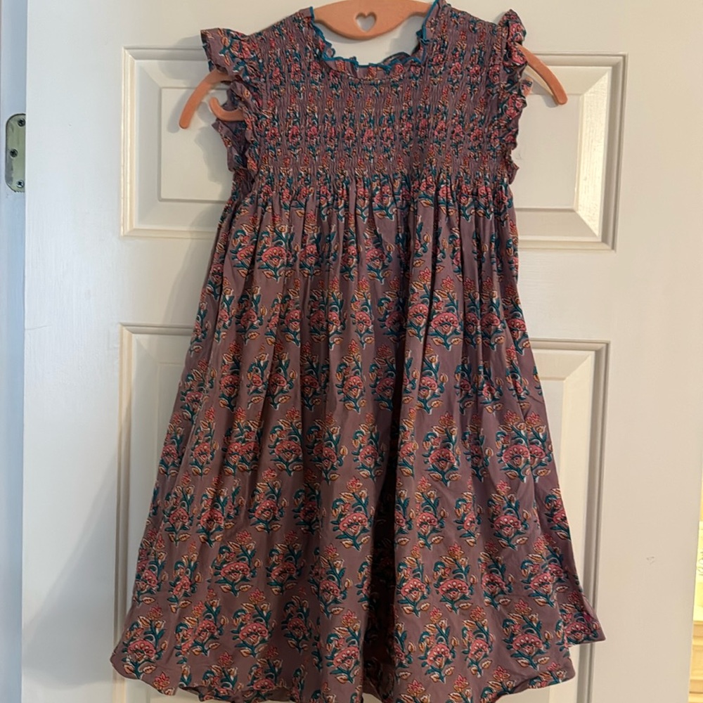 Pink Chicken Girls Mauve Floral Smocked Casual Dress with Teal Accents